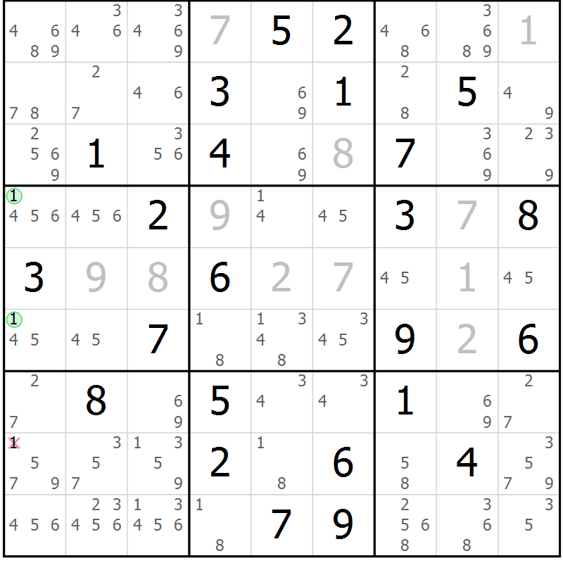 Position des candidats pour la solution de la Gr 70 page 73 du magazine de sudoku Maestro n° 085
