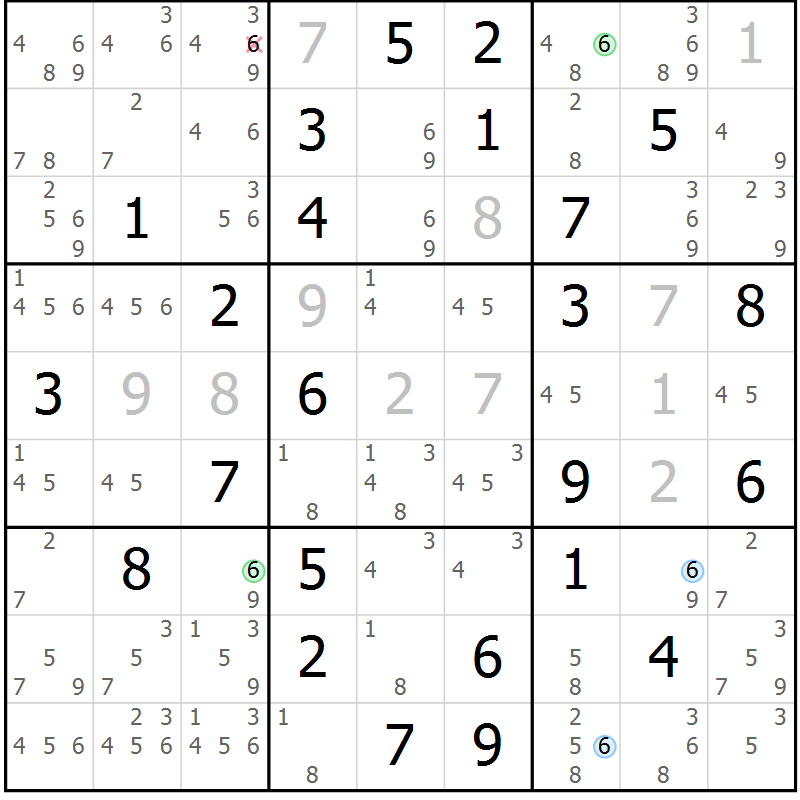 Position des candidats pour la solution de la Gr 70 page 73 du magazine de sudoku Maestro n° 085