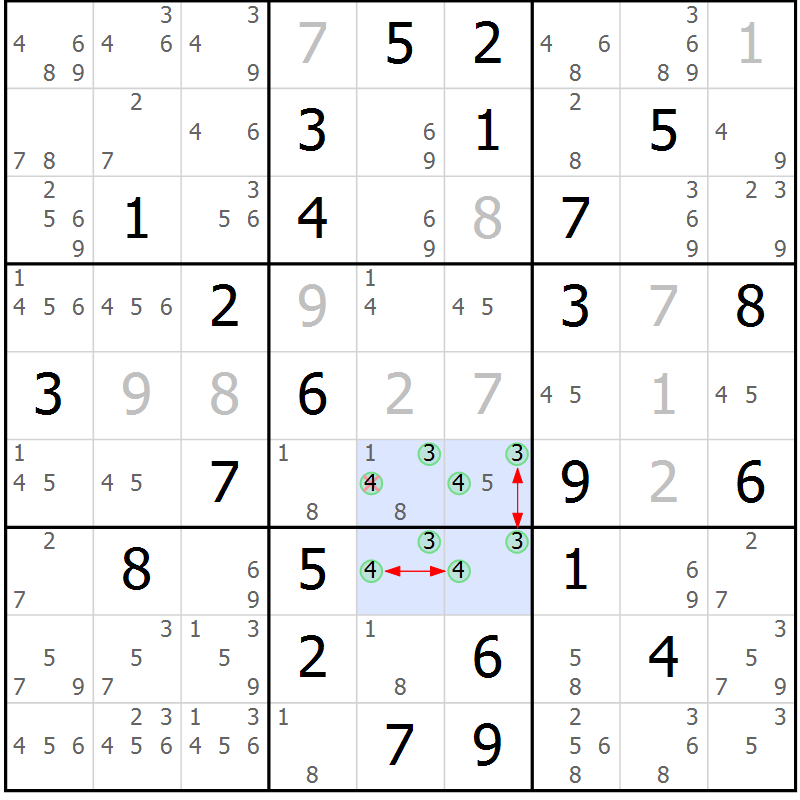 Position des candidats pour la solution de la Gr 70 page 73 du magazine de sudoku Maestro n° 085