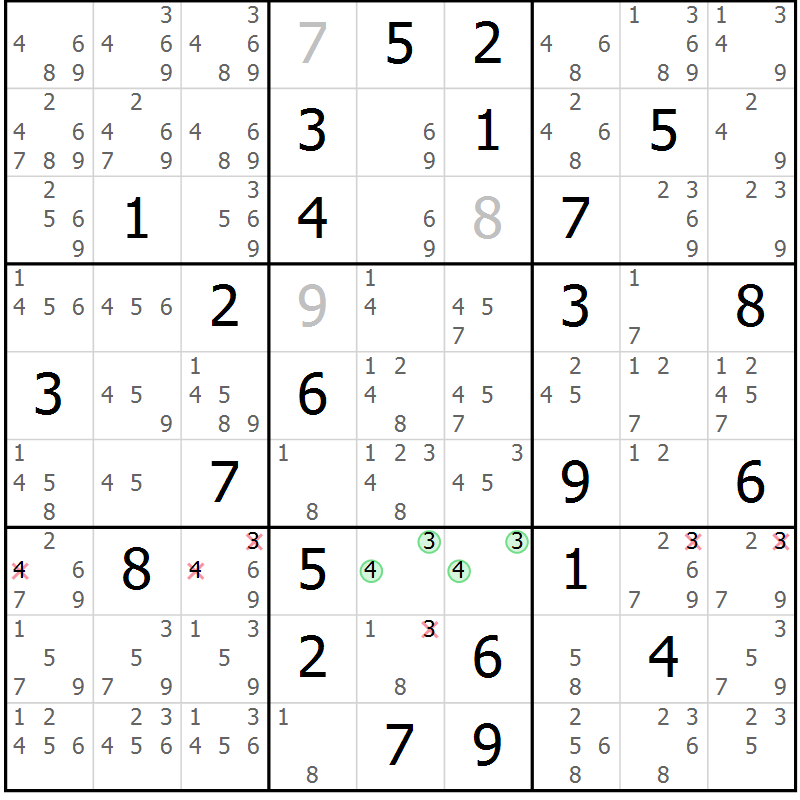 Position des candidats pour la solution de la Gr 70 page 73 du magazine de sudoku Maestro n° 085