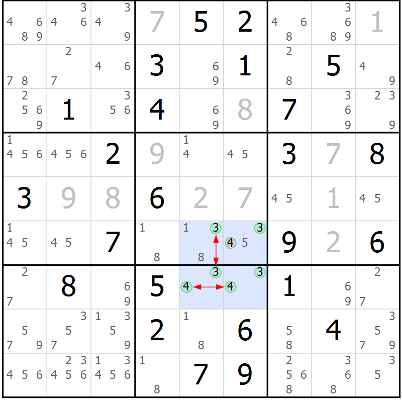 Position des candidats pour la solution de la Gr 70 page 73 du magazine de sudoku Maestro n° 085