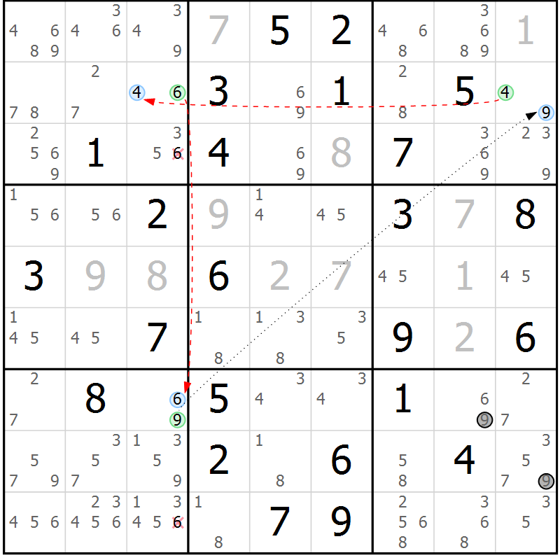 Position des candidats pour la solution de la Gr 70 page 73 du magazine de sudoku Maestro n° 085