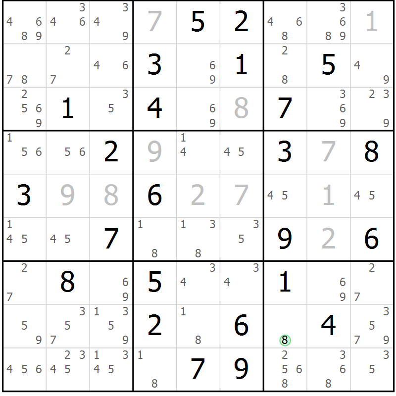 Position des candidats pour la solution de la Gr 70 page 73 du magazine de sudoku Maestro n° 085