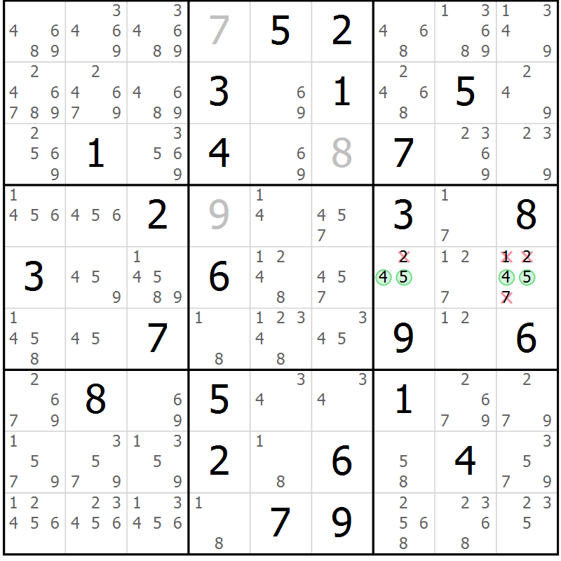 Position des candidats pour la solution de la Gr 70 page 73 du magazine de sudoku Maestro n° 085
