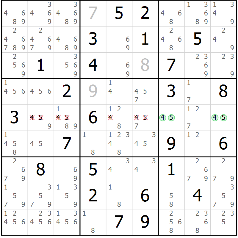 Position des candidats pour la solution de la Gr 70 page 73 du magazine de sudoku Maestro n° 085