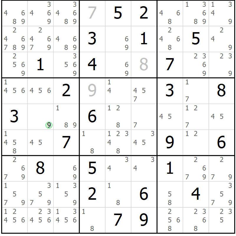 Position des candidats pour la solution de la Gr 70 page 73 du magazine de sudoku Maestro n° 085