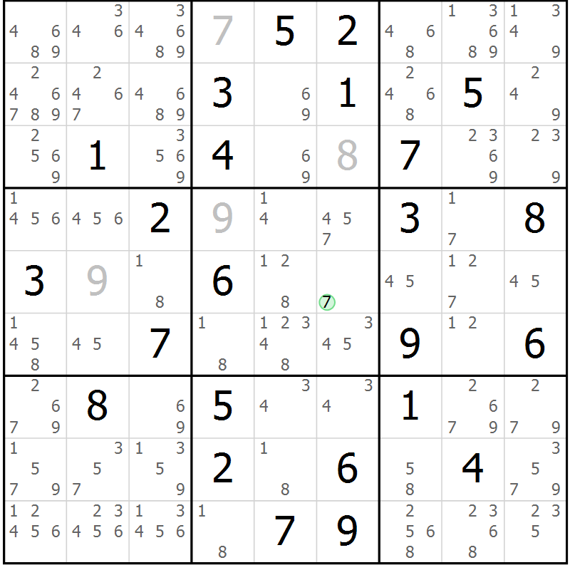 Position des candidats pour la solution de la Gr 70 page 73 du magazine de sudoku Maestro n° 085
