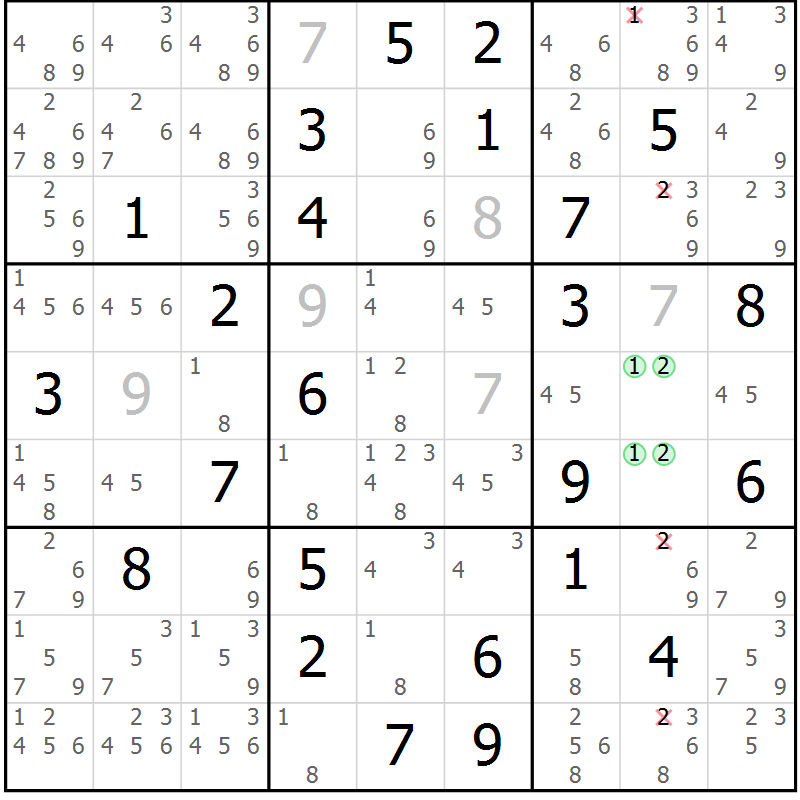 Position des candidats pour la solution de la Gr 70 page 73 du magazine de sudoku Maestro n° 085