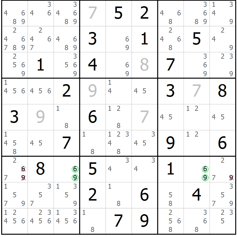 Position des candidats pour la solution de la Gr 70 page 73 du magazine de sudoku Maestro n° 085