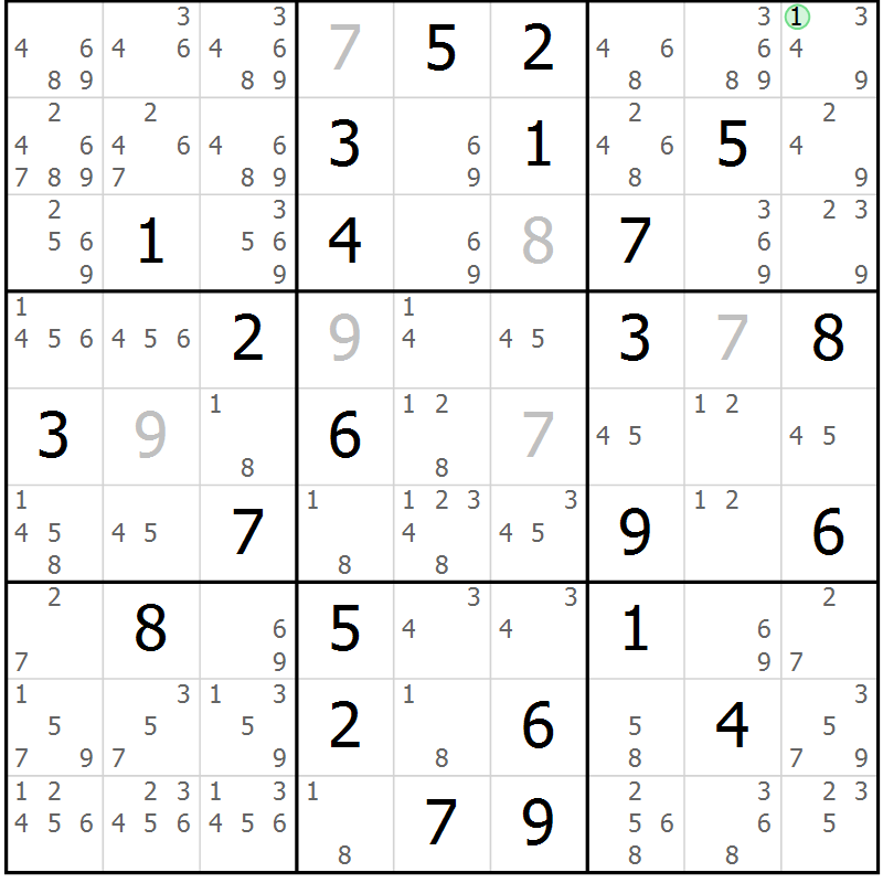 Position des candidats pour la solution de la Gr 70 page 73 du magazine de sudoku Maestro n° 085