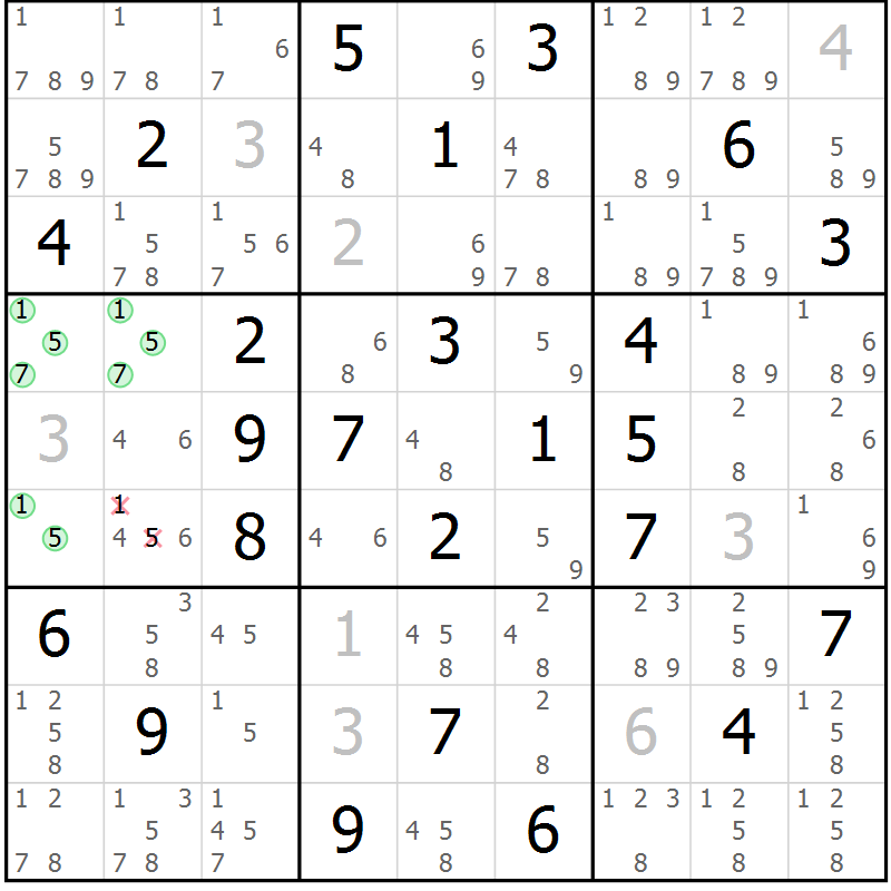 Position des candidats pour la solution de la Gr 71 page 74 du magazine de sudoku Maestro n° 085