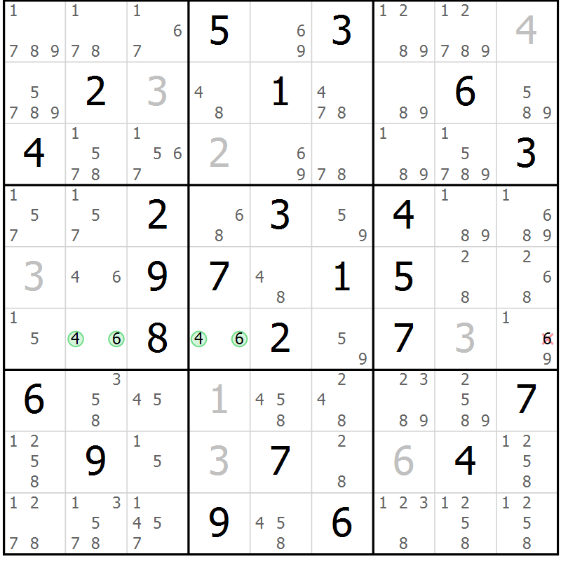 Position des candidats pour la solution de la Gr 71 page 74 du magazine de sudoku Maestro n° 085