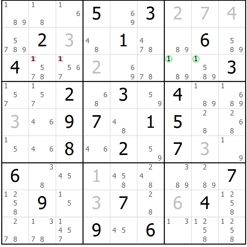 Position des candidats pour la solution de la Gr 71 page 74 du magazine de sudoku Maestro n° 085
