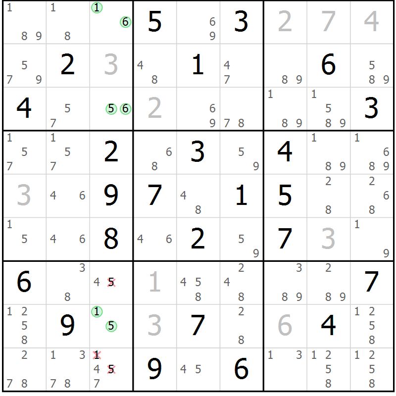Position des candidats pour la solution de la Gr 71 page 74 du magazine de sudoku Maestro n° 085