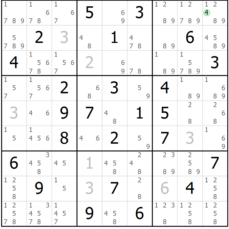 Position des candidats pour la solution de la Gr 71 page 74 du magazine de sudoku Maestro n° 085