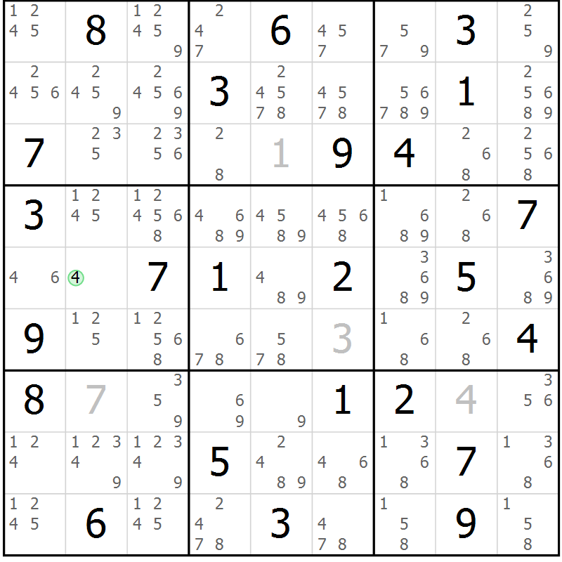 Position des candidats pour la solution de la Gr 72 page 75 du magazine de sudoku Maestro n° 085