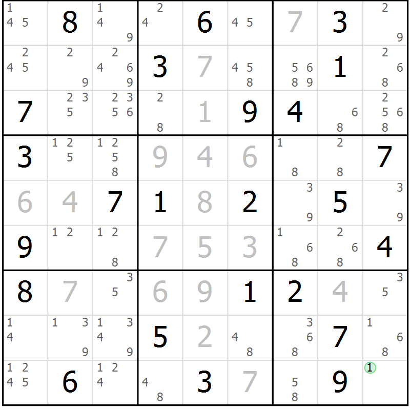 Position des candidats pour la solution de la Gr 72 page 75 du magazine de sudoku Maestro n° 085