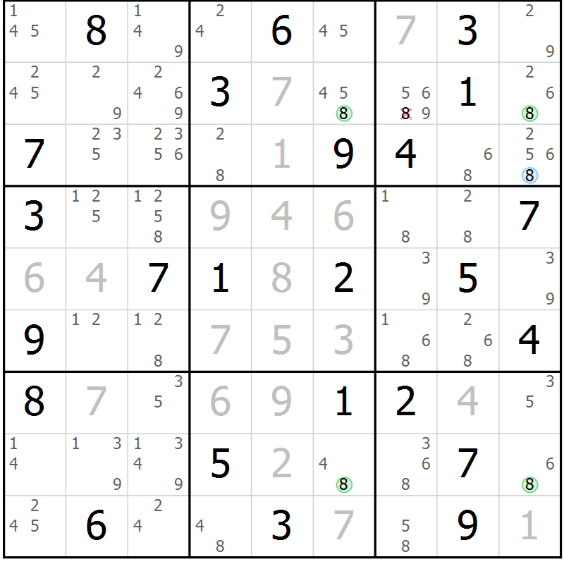 Position des candidats pour la solution de la Gr 72 page 75 du magazine de sudoku Maestro n° 085