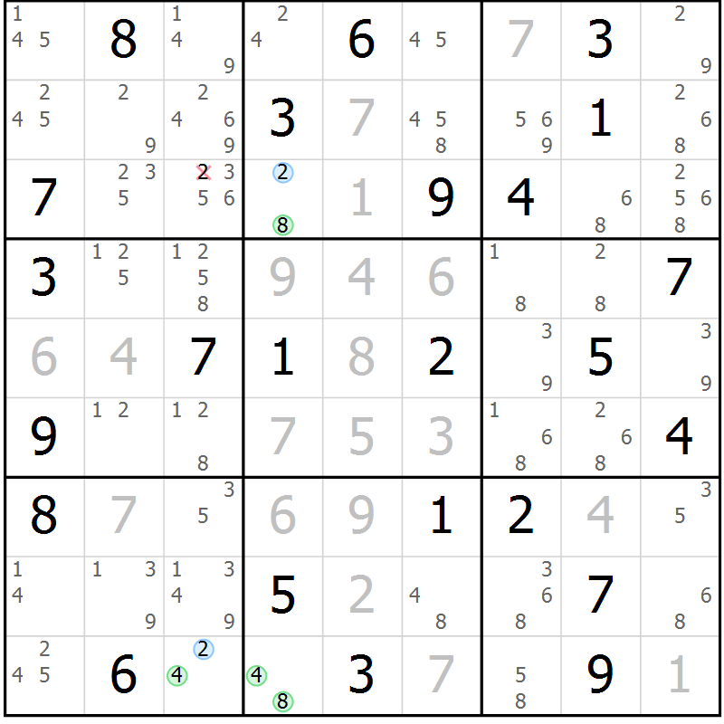 Position des candidats pour la solution de la Gr 72 page 75 du magazine de sudoku Maestro n° 085