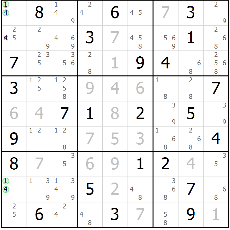Position des candidats pour la solution de la Gr 72 page 75 du magazine de sudoku Maestro n° 085