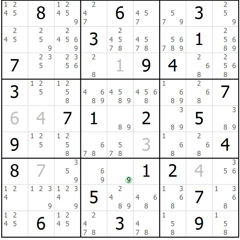 Position des candidats pour la solution de la Gr 72 page 75 du magazine de sudoku Maestro n° 085
