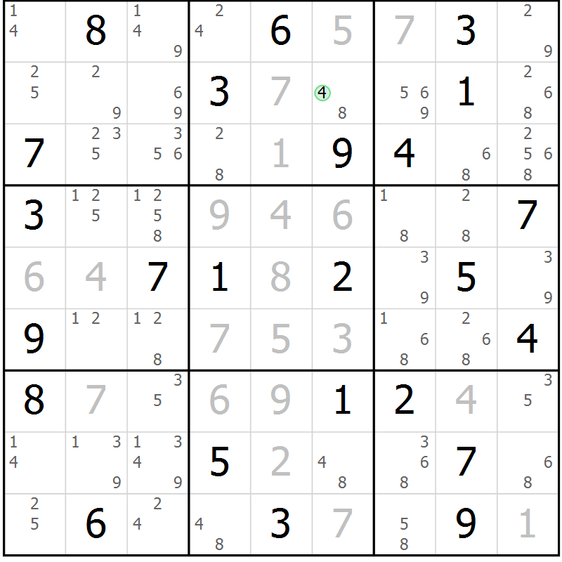 Position des candidats pour la solution de la Gr 72 page 75 du magazine de sudoku Maestro n° 085