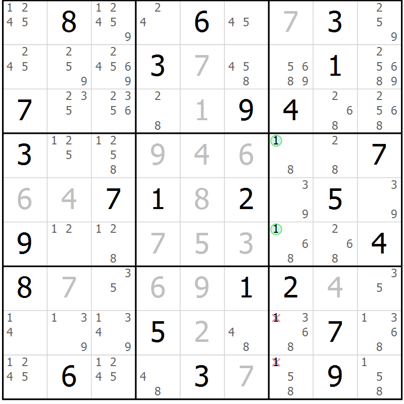 Position des candidats pour la solution de la Gr 72 page 75 du magazine de sudoku Maestro n° 085