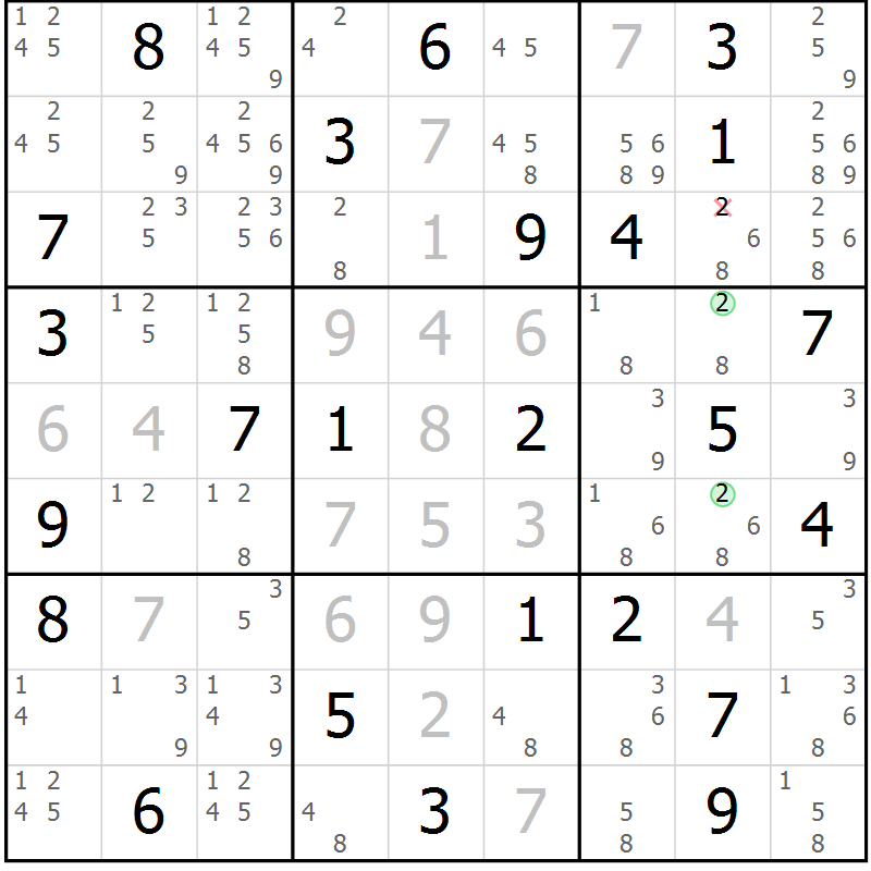 Position des candidats pour la solution de la Gr 72 page 75 du magazine de sudoku Maestro n° 085