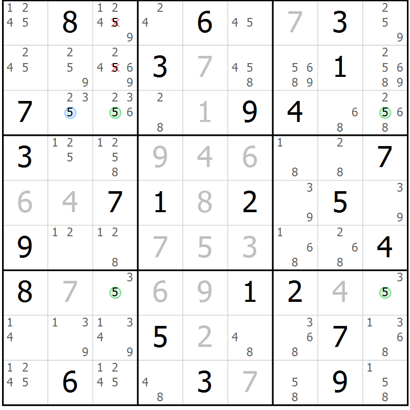 Position des candidats pour la solution de la Gr 72 page 75 du magazine de sudoku Maestro n° 085