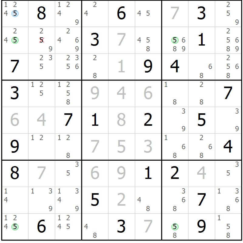 Position des candidats pour la solution de la Gr 72 page 75 du magazine de sudoku Maestro n° 085