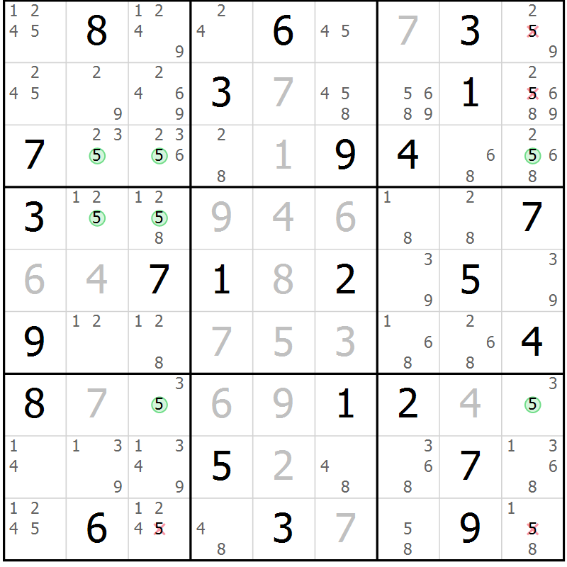 Position des candidats pour la solution de la Gr 72 page 75 du magazine de sudoku Maestro n° 085