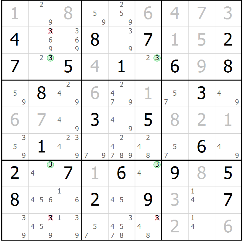 Position des candidats pour la solution de la Gr 73 page 76 du magazine de sudoku Maestro n° 085