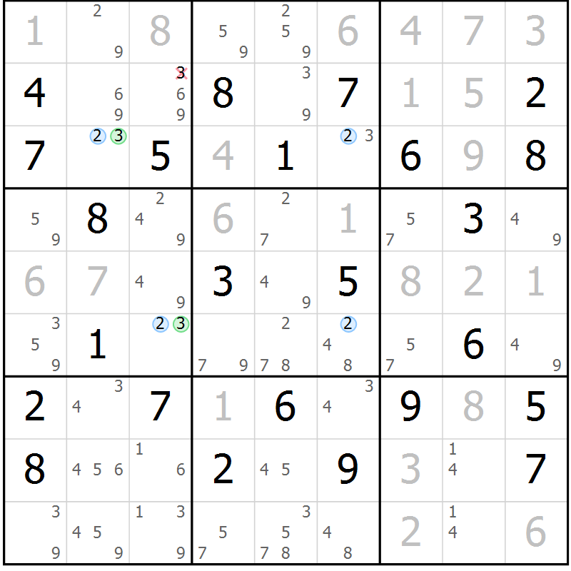 Position des candidats pour la solution de la Gr 73 page 76 du magazine de sudoku Maestro n° 085