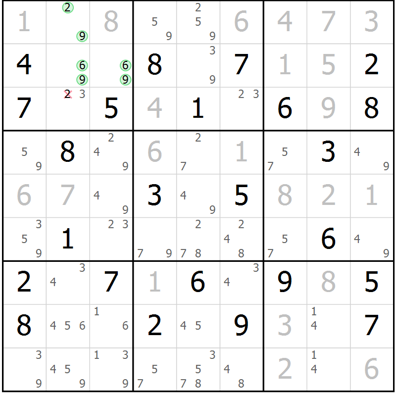 Position des candidats pour la solution de la Gr 73 page 76 du magazine de sudoku Maestro n° 085