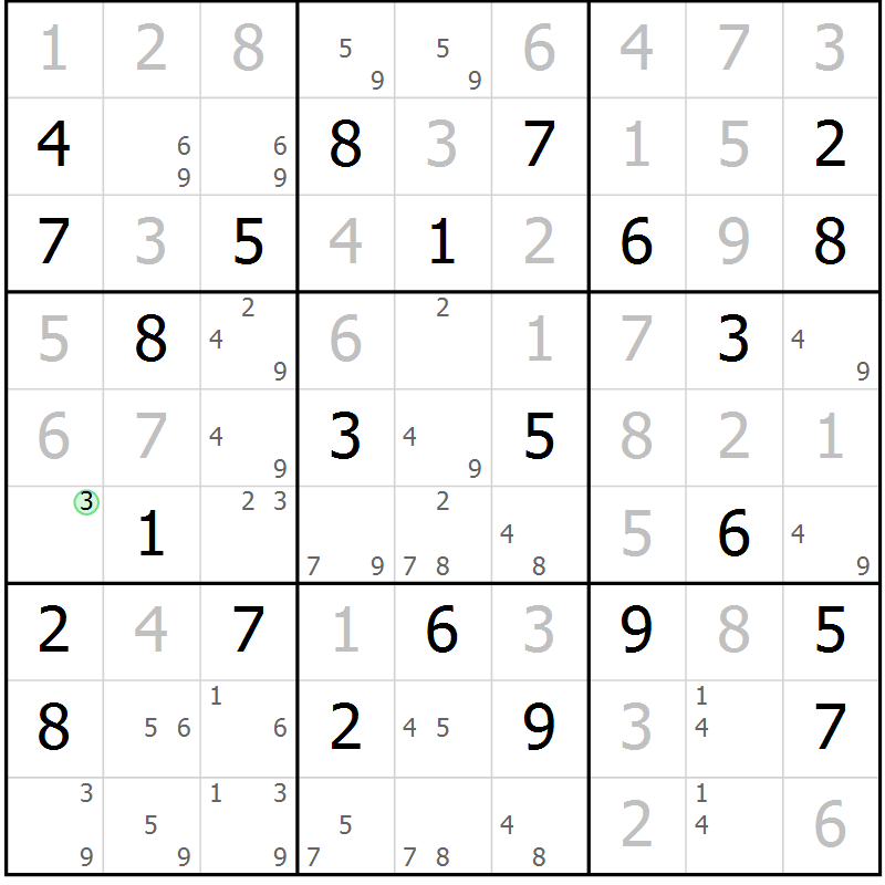 Position des candidats pour la solution de la Gr 73 page 76 du magazine de sudoku Maestro n° 085