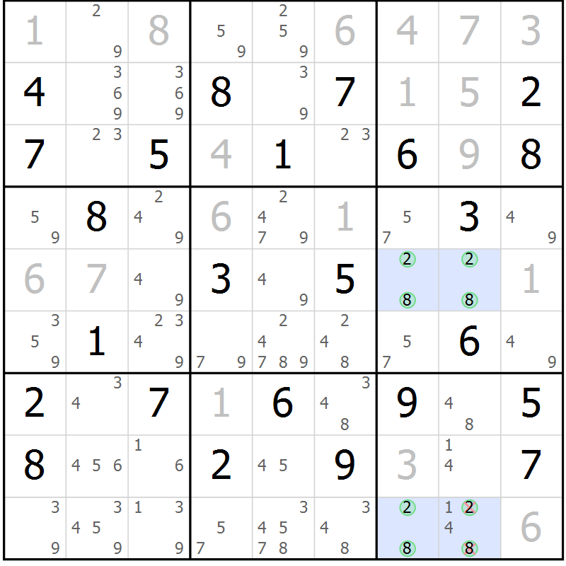 Position des candidats pour la solution de la Gr 73 page 76 du magazine de sudoku Maestro n° 085