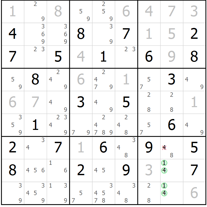 Position des candidats pour la solution de la Gr 73 page 76 du magazine de sudoku Maestro n° 085