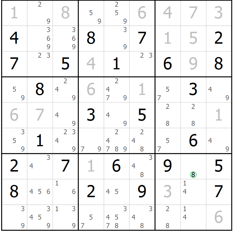 Position des candidats pour la solution de la Gr 73 page 76 du magazine de sudoku Maestro n° 085