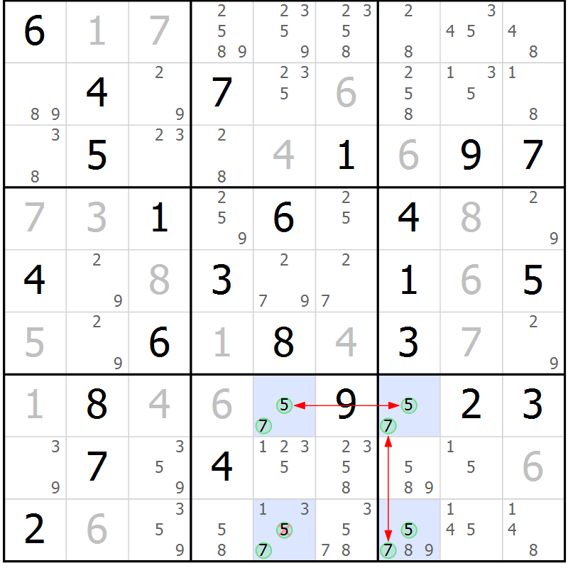 Position des candidats pour la solution de la Gr 74 page 77 du magazine de sudoku Maestro n° 085