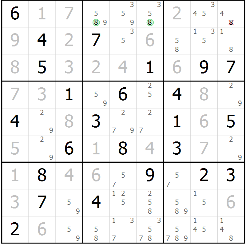 Position des candidats pour la solution de la Gr 74 page 77 du magazine de sudoku Maestro n° 085