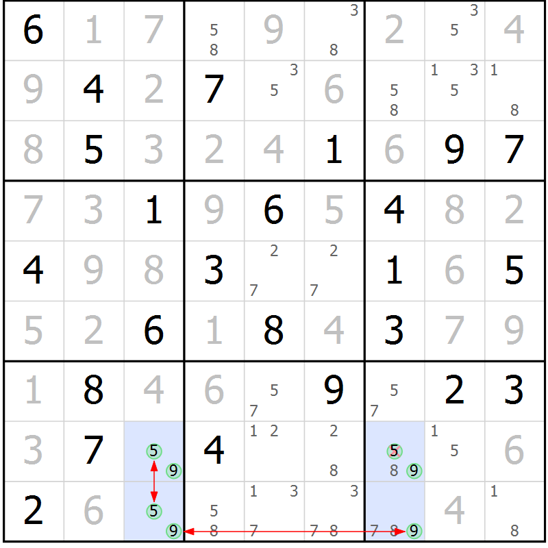 Position des candidats pour la solution de la Gr 74 page 77 du magazine de sudoku Maestro n° 085