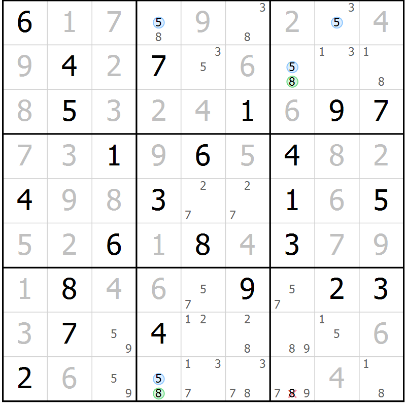 Position des candidats pour la solution de la Gr 74 page 77 du magazine de sudoku Maestro n° 085
