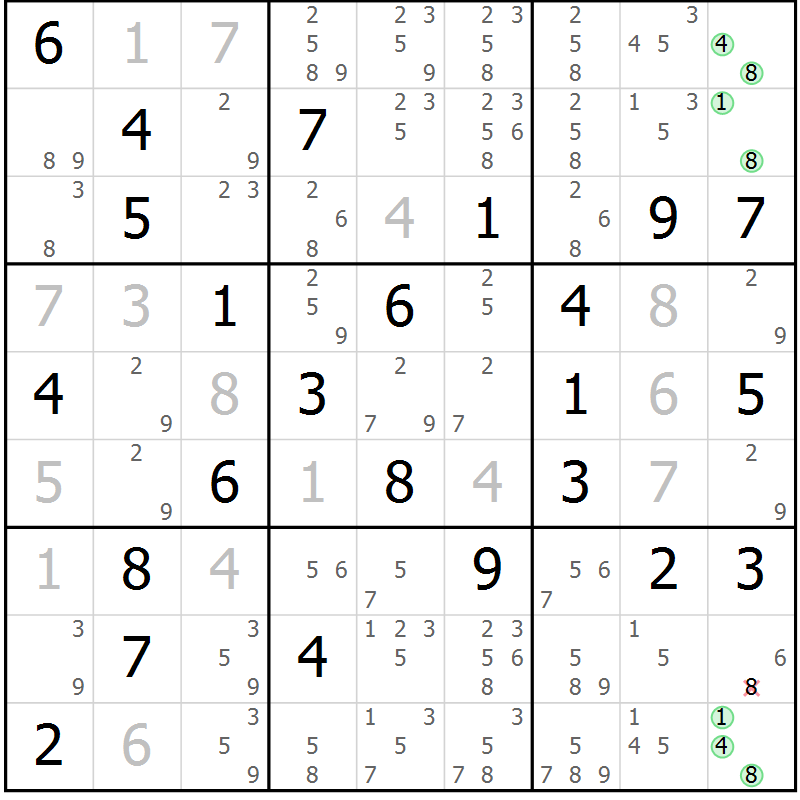 Position des candidats pour la solution de la Gr 74 page 77 du magazine de sudoku Maestro n° 085