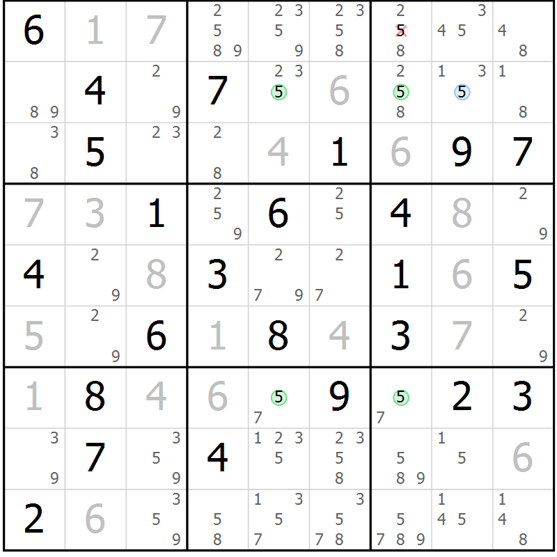 Position des candidats pour la solution de la Gr 74 page 77 du magazine de sudoku Maestro n° 085