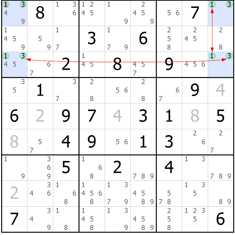 Position des candidats pour la solution de la Gr 75 page 78 du magazine de sudoku Maestro n° 085