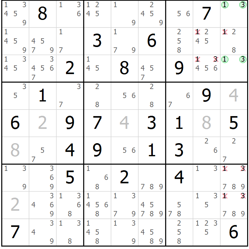 Position des candidats pour la solution de la Gr 75 page 78 du magazine de sudoku Maestro n° 085