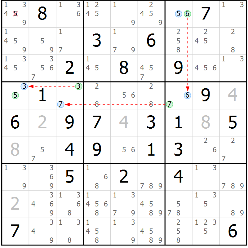 Position des candidats pour la solution de la Gr 75 page 78 du magazine de sudoku Maestro n° 085