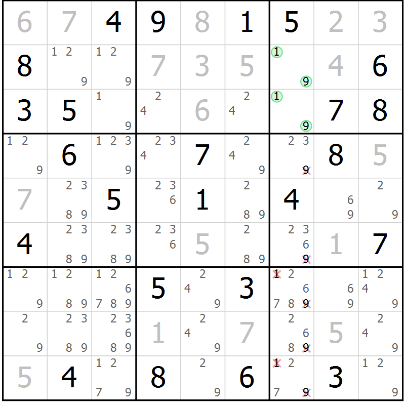 Position des candidats pour la solution de la Gr 76 page 79 du magazine de sudoku Maestro n° 085