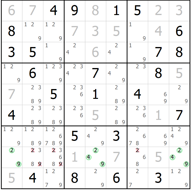 Position des candidats pour la solution de la Gr 76 page 79 du magazine de sudoku Maestro n° 085