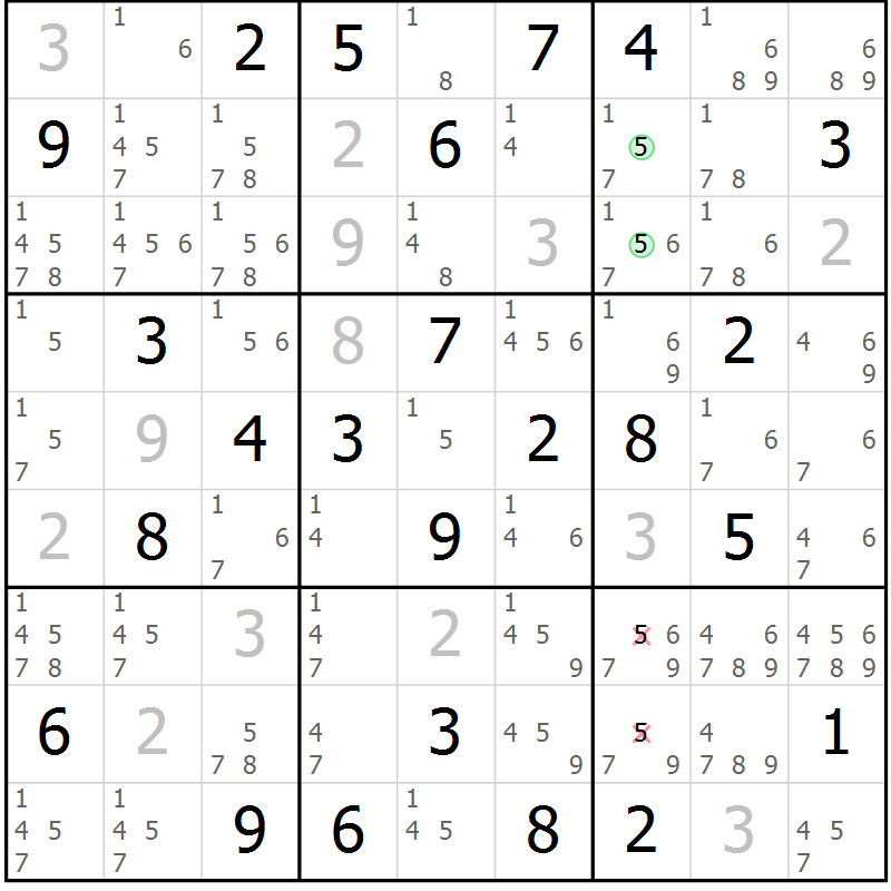 Position des candidats pour la solution de la Gr 77 page 80 du magazine de sudoku Maestro n° 085